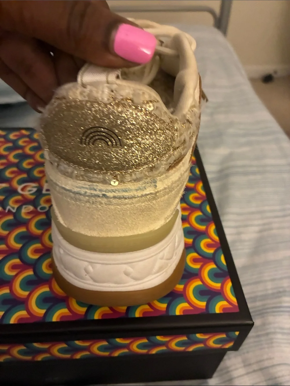 Kurt Geiger Gold and White Platform Sneakers